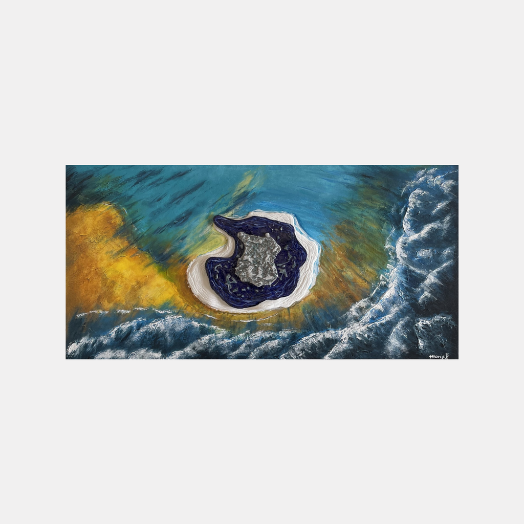 tableau acrylique et éléments en porcelaine. toile représente l'ilot de nuami. les couleurs sont jaune, bleu style bleu de four, dégradé de bleus et blanc. format paysage dimensions : 80x40