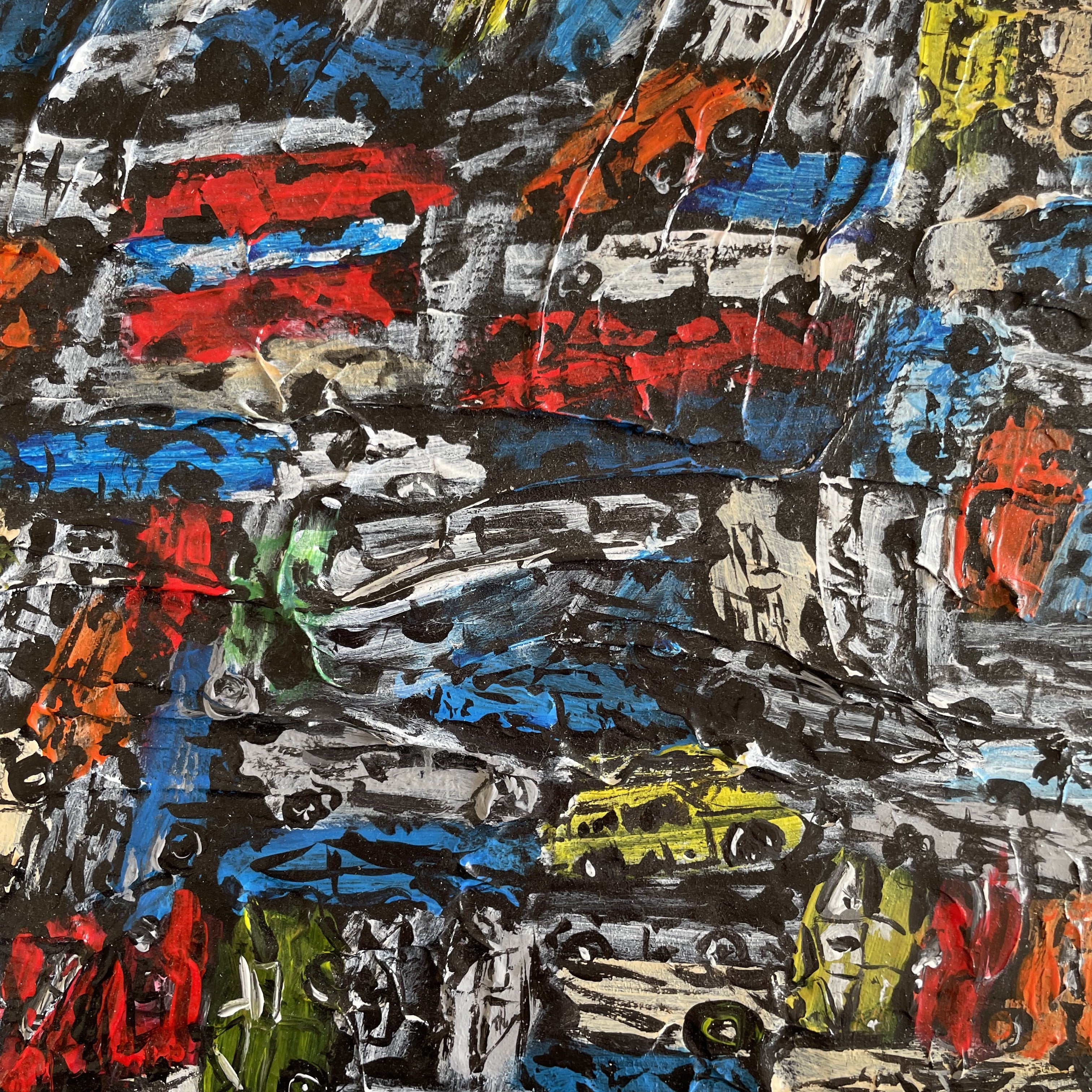 tableau acrylique. toile représente une casse automobiles. les couleurs sont jaune, bleu, rouge, orange, vert, noir et blanc. format paysage dimensions : 40x20