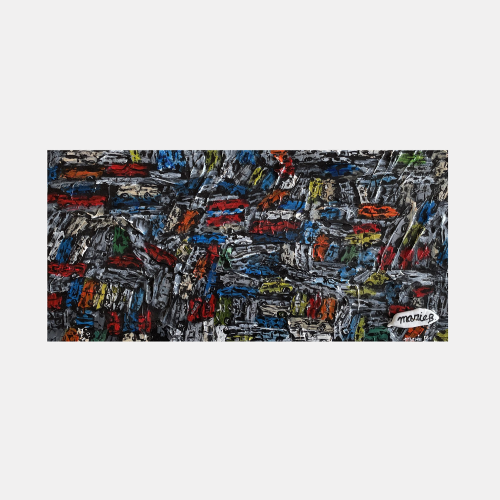 tableau acrylique et éléments en porcelaine. toile représente une casse automobiles. les couleurs sont jaune, bleu, rouge, orange, vert, noir et blanc. format paysage dimensions : 40x20