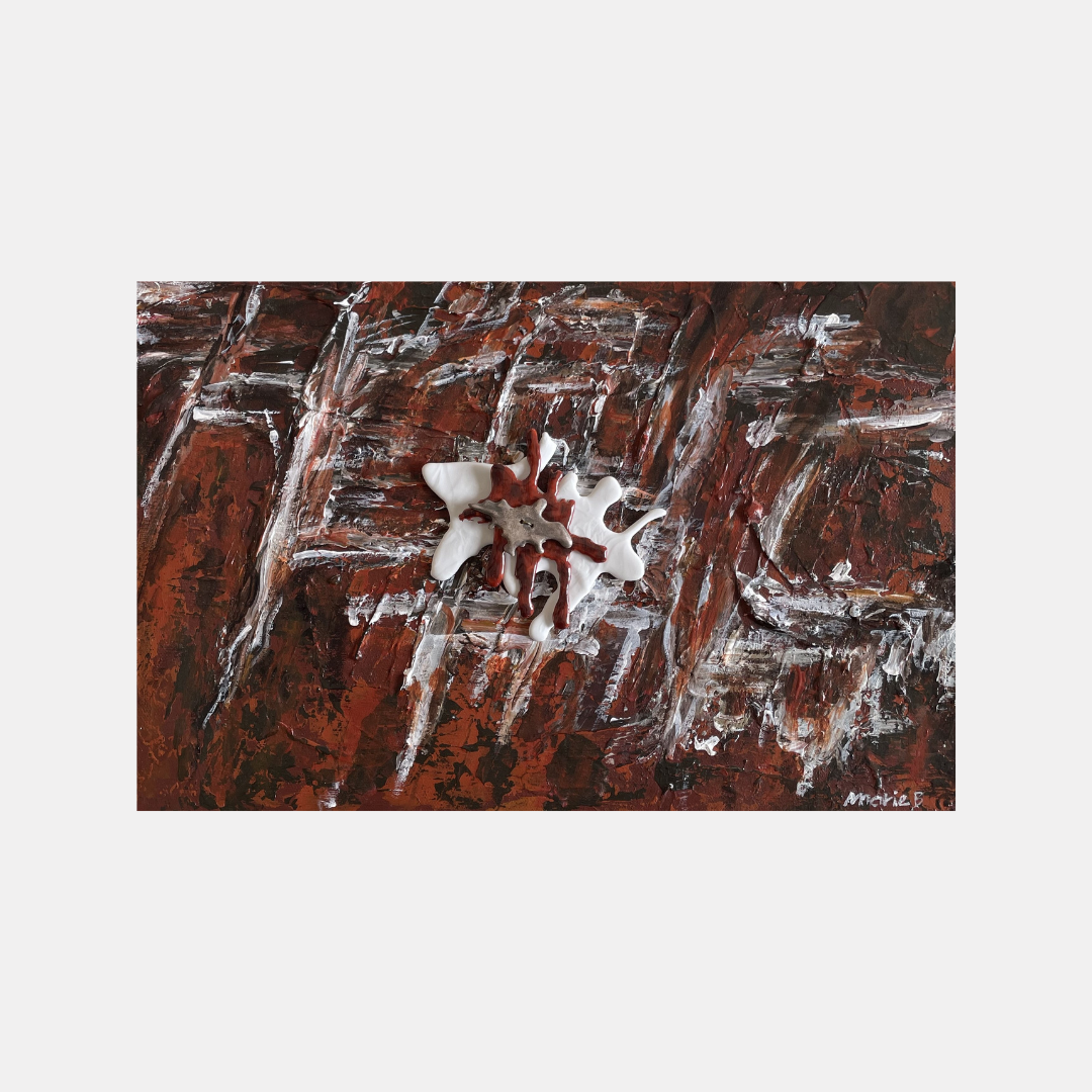 oeuvre tableau acrylique et porcelaine représente l'embouchure de l'oued. couleurs noir marron et blanc format paysage 41x27