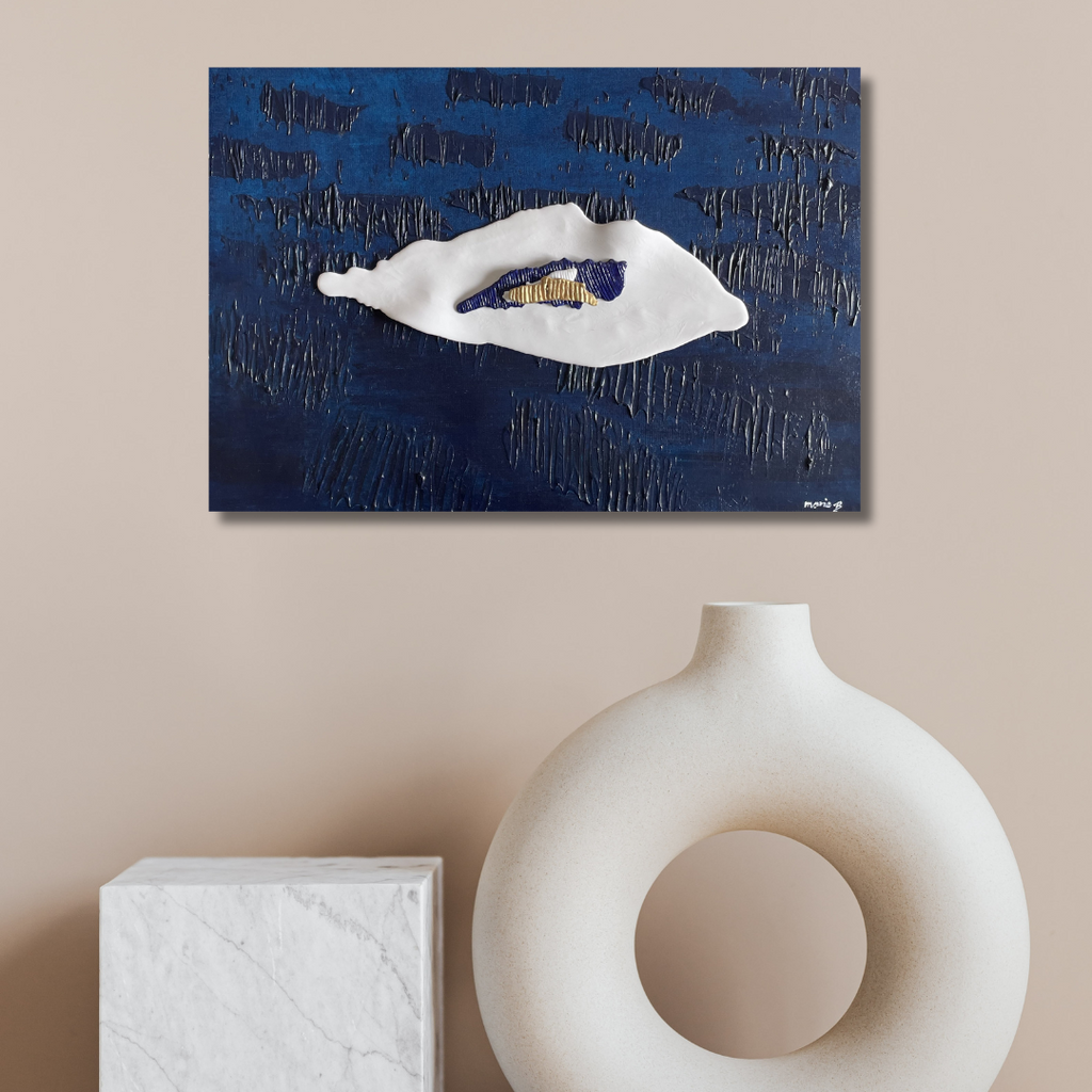 oeuvre sur toile avec element en porcelaine represente Mer d'Ariaké